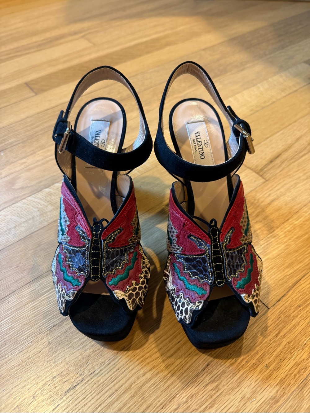 Valentino Garavani Black Suede Butterfly Snakeskin Platform Heels 7